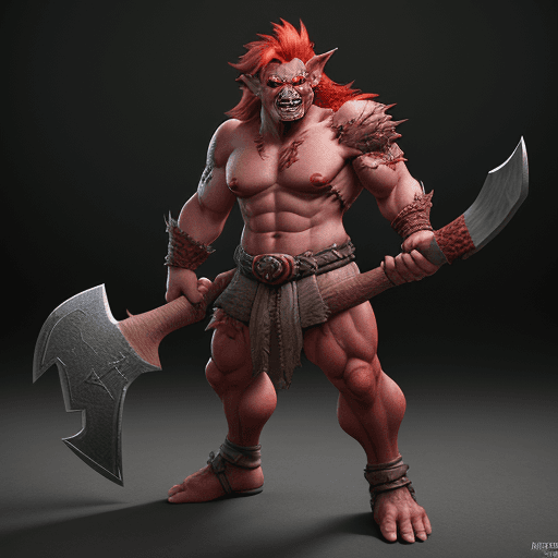 AI generated: fantasy goblin,with red hair crest,very muscular,with an axe, photorealistic ,full body image, octan...