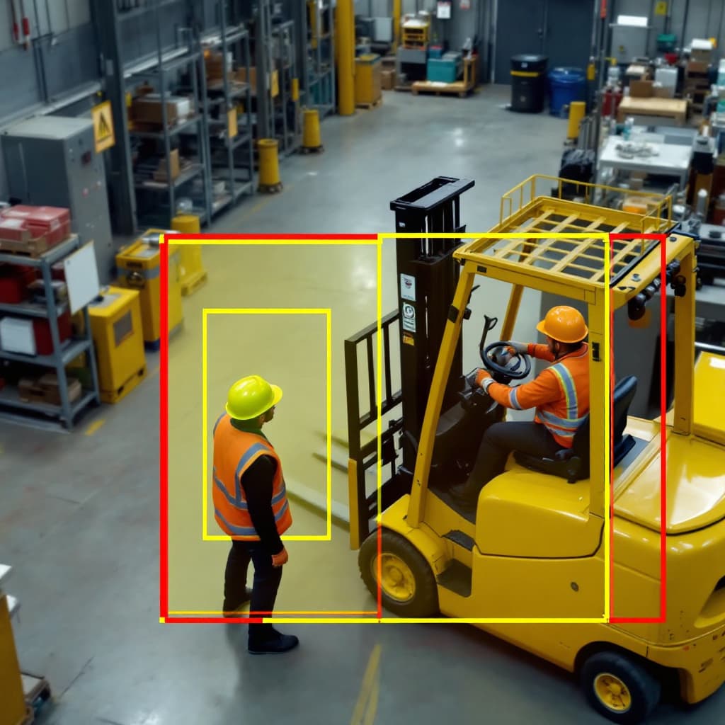 AI generated: A high-resolution image depicting a near-hit incident in a busy manufacturing site where an AI visio...