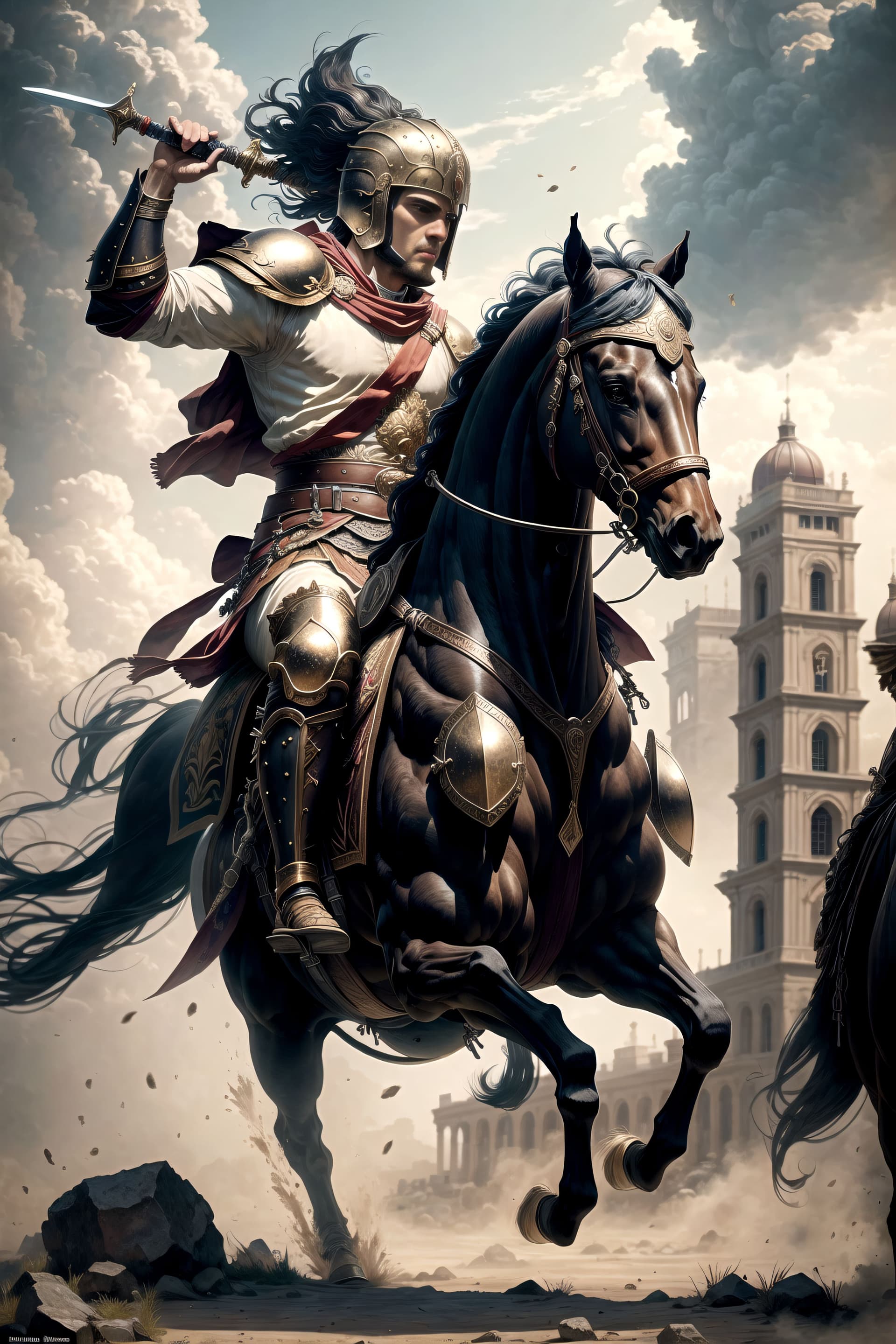 AI generated: ((best quality)), ((masterpiece)), ((realistic)), (detailed), a Roman worrier riding a running horse...