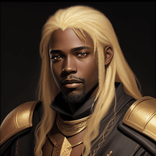 AI generated: Black man with shiny golden hair and no pupils, Dungeons and Dragons, Fantasy, Portrait, painterly