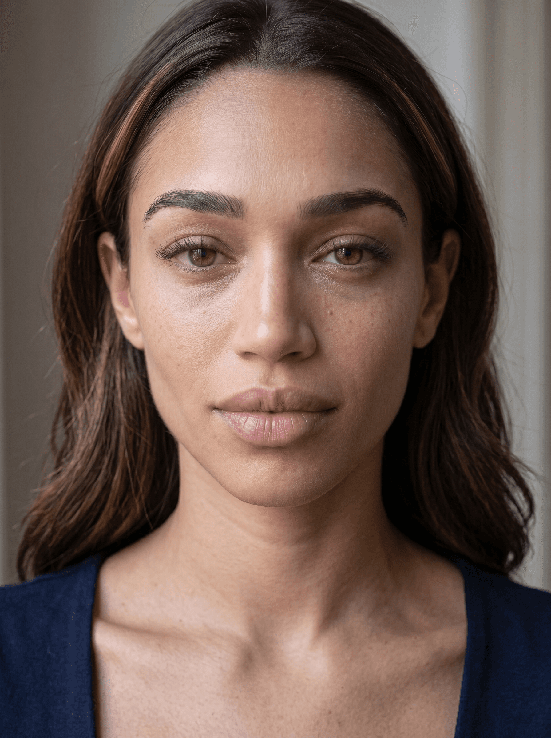 AI generated: micro-texture detail visible on forehead chin and upper lip area, natural skin redness variation aro...
