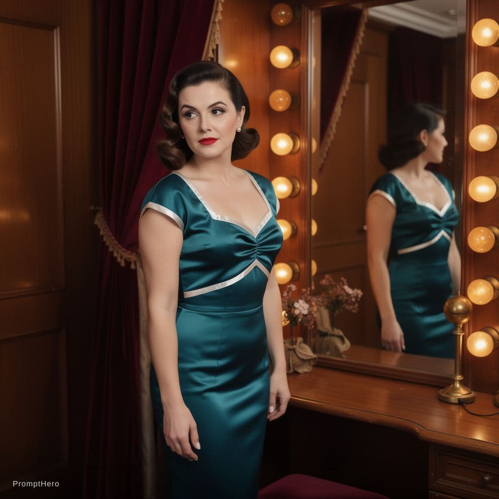 AI generated: A softly lit vintage dressing room glows with warm amber light as a woman stands before a mirror, ca...