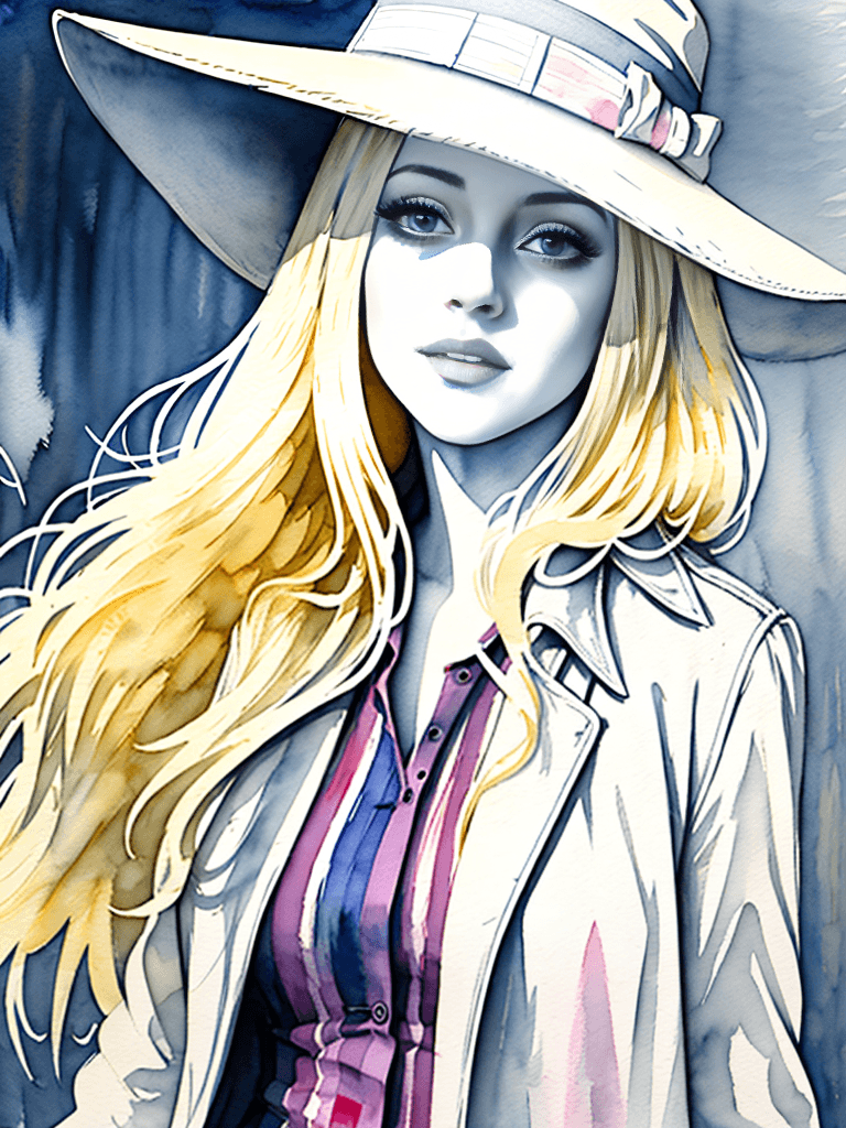 AI generated: detailed pencil drawing of a beautiful willowy blond young woman, busty, woman's trench coat, fedora...