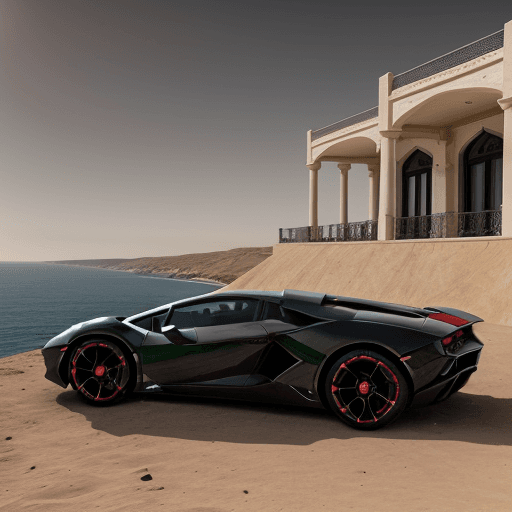 AI generated: Hyper realistic eye level Lamborghini photo of a Qajar modern style  overlooking the ocean on Mars, ...