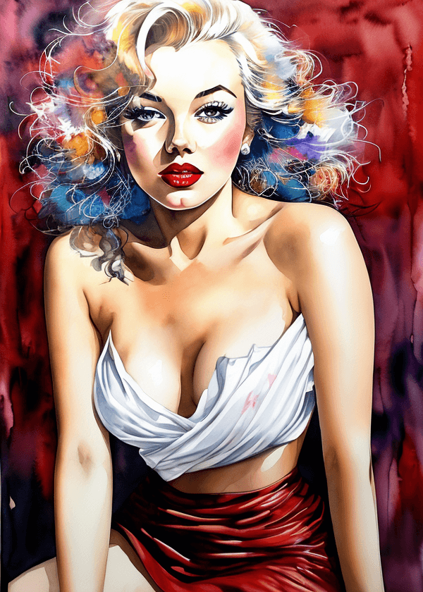 AI generated: mj, masterpiece watercolor painting, marilyn monroe in a mini skirt, half body, posing, flirty, whit...