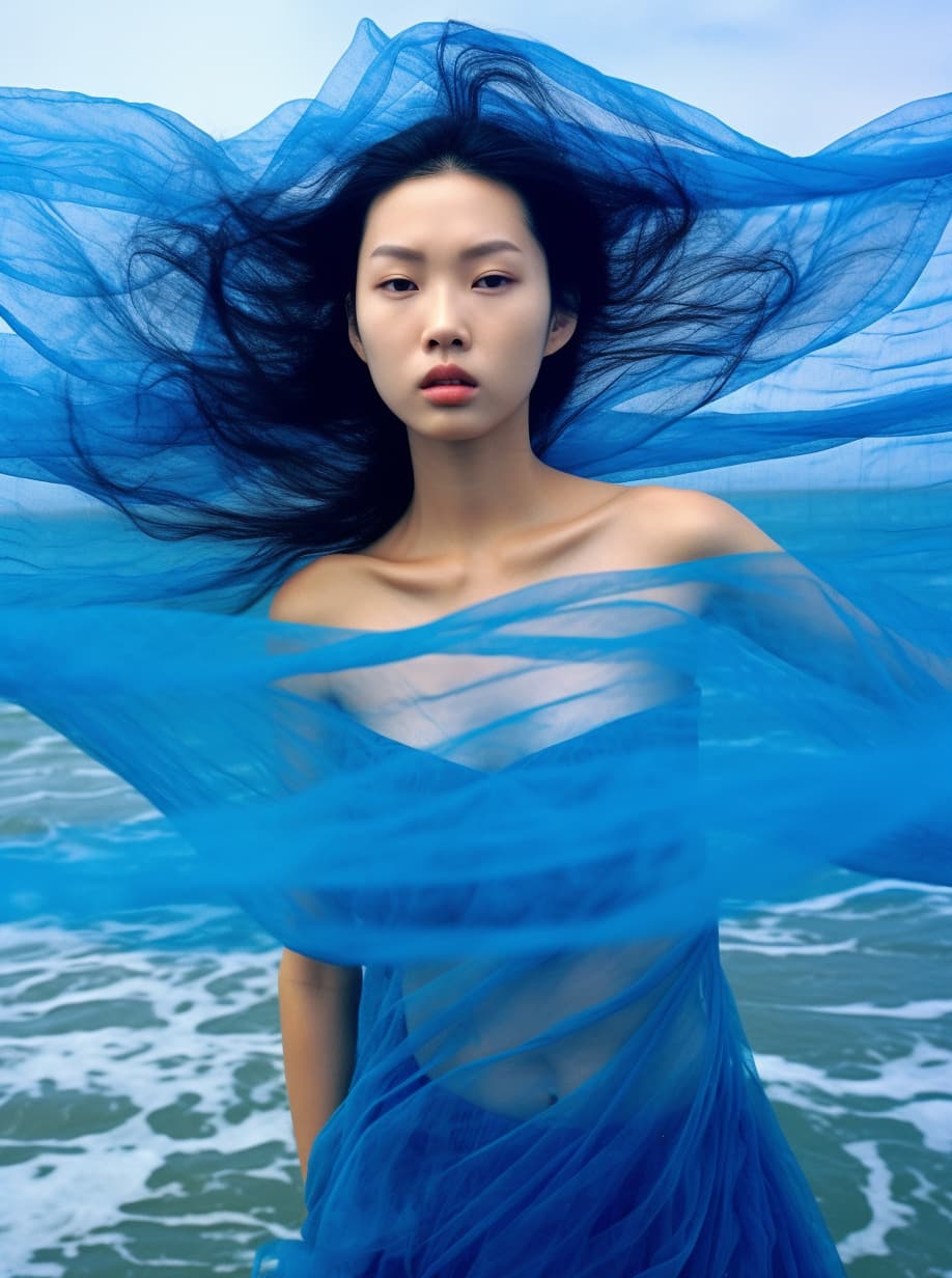 AI generated: a woman in a blue dress on the beach, in style of ren hang, fashion model features, in a style combi...