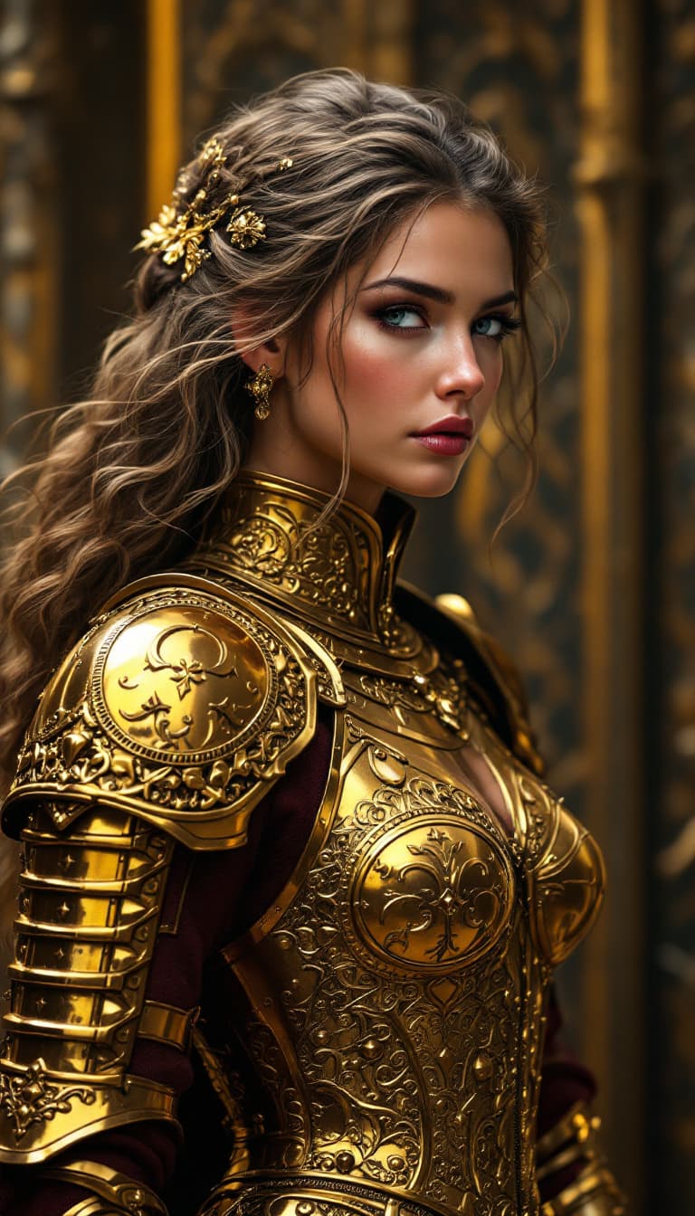 AI generated: beautiful strong woman in a shining golden armor (intricate design golden armor), offset printing, f...