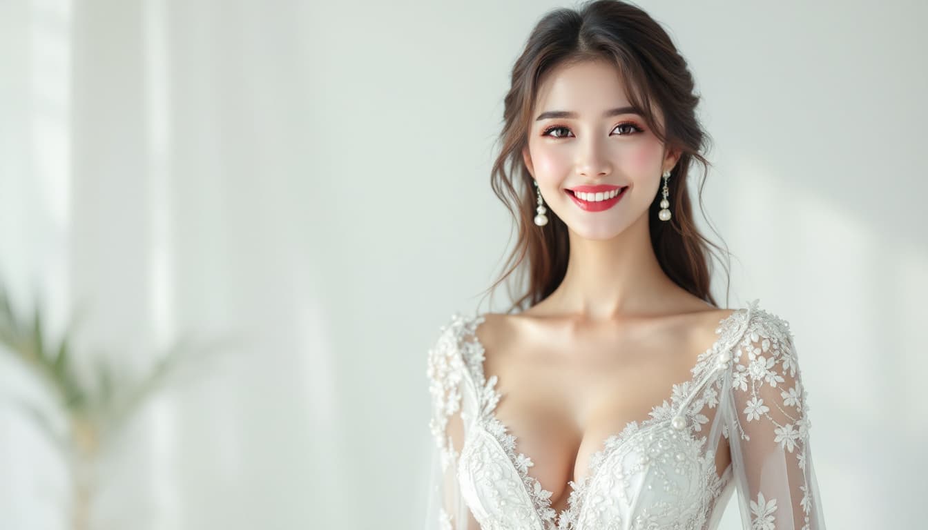 AI generated: An elegant Asian model with a radiant smile, dressed in a luxurious white gown embellished with pear...