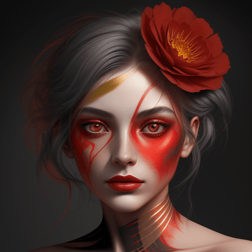 AI generated: the woman's face was painted with golden red, in the style of nature-inspired compositions, dark gra...