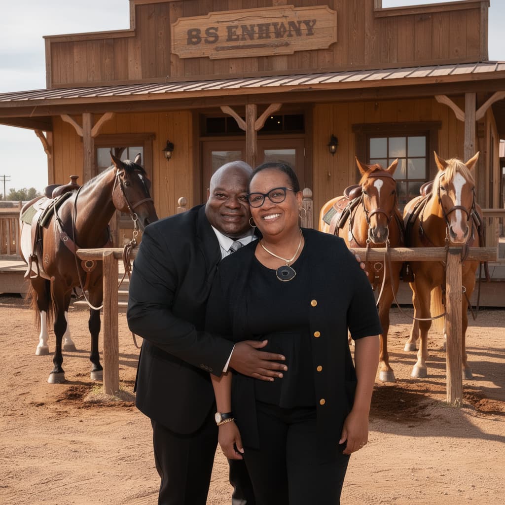 AI generated: Outside an old West saloon, there are three muscular and beautiful saddled horses tied to a hitching...