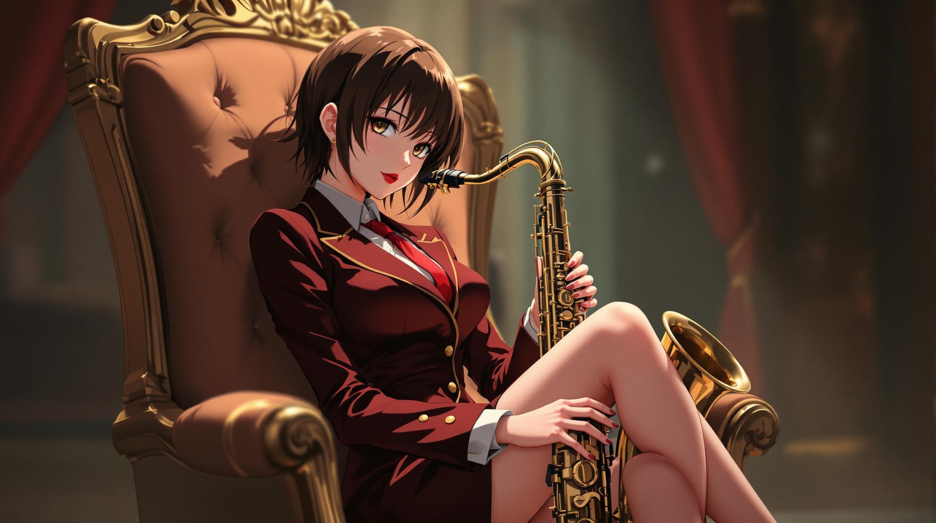 AI generated: 90's style anime. Captivating anime style girl dressed in a rich burgundy and brown formal uniform. ...