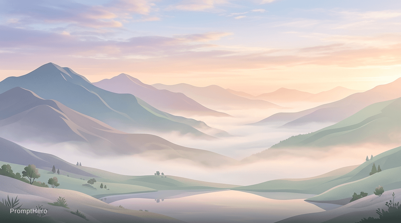 AI generated: minimalist mountain landscape, soft pastel colors, misty valleys, calm and peaceful