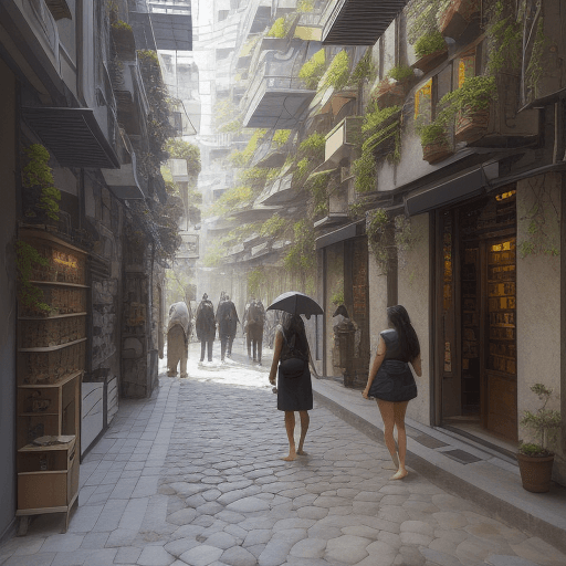 AI generated: urban space, all constructed elements on pilotis, nature, plants and trees, a lot of birds, cobblest...