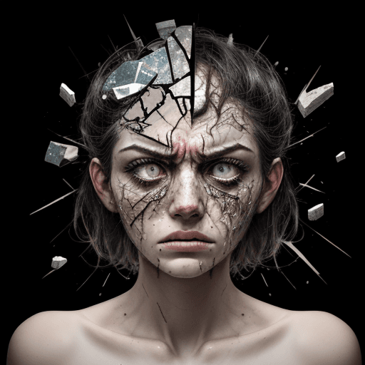 AI generated: shattered fragments on the face, describing the mess inside the brain, disturbing the mind, depresse...