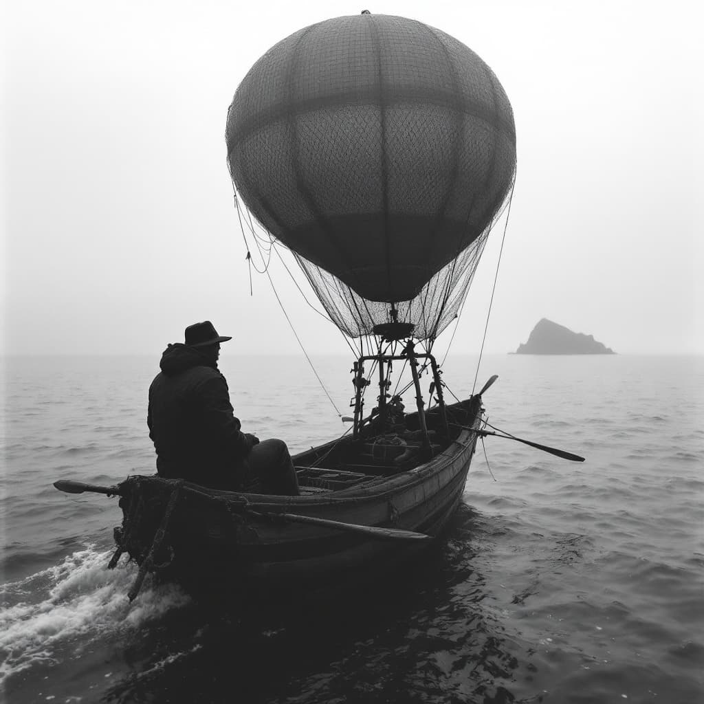 AI generated: A traveler sits on a balloon. The balloon has propellers and is covered with a fishing net. The ball...