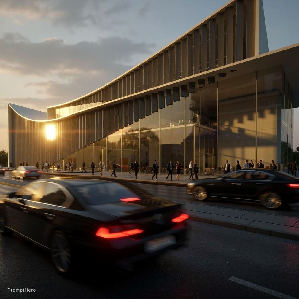 AI generated: photorealistic, canon EOS 5d, minimalistic medium scale office building, curved, geometric shaped ou...