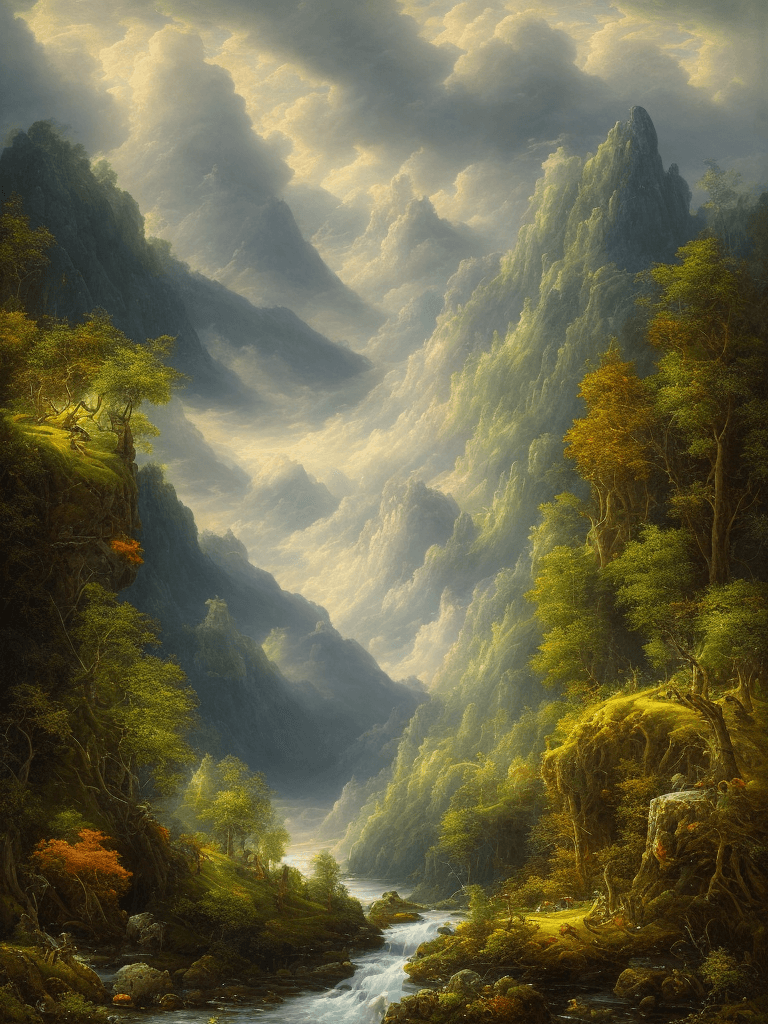 AI generated: an endless mountain range on the background, covered full with lush green forests and life, blue sky...