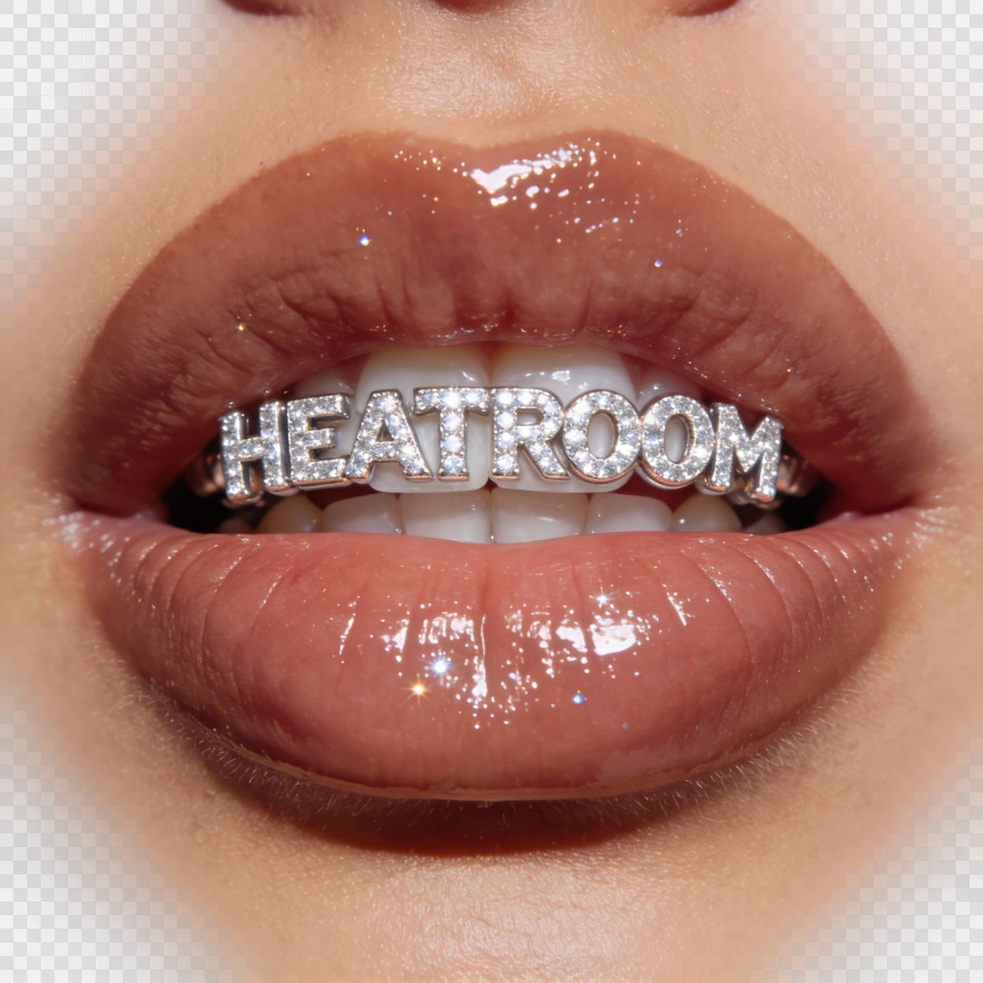 AI generated: Extreme close-up of a woman’s mouth only, no face visible. Full, thick lips with a glossy finish, li...