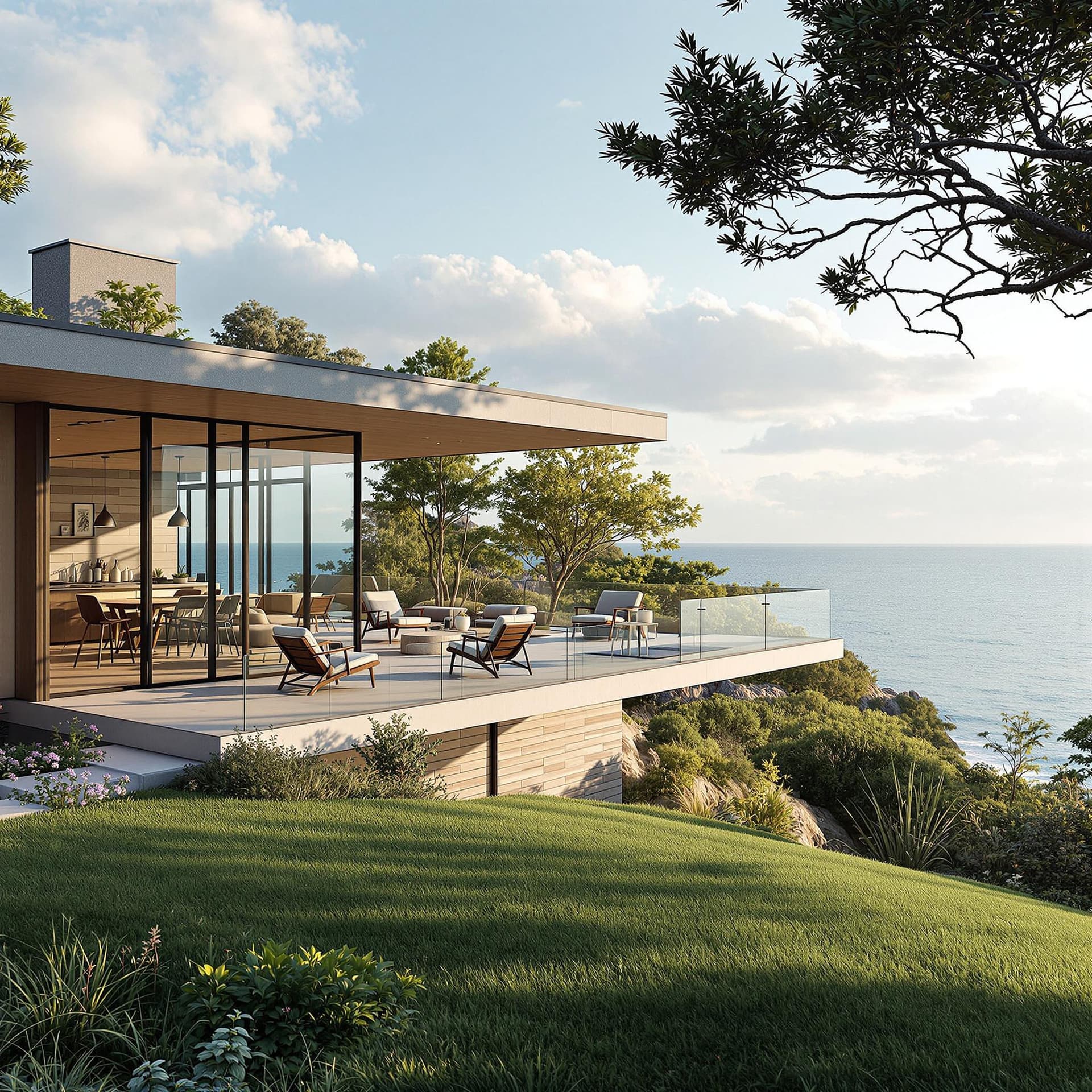 AI generated: Hyper realistic eye level exterior photo of a mid century modern style house overlooking the ocean, ...