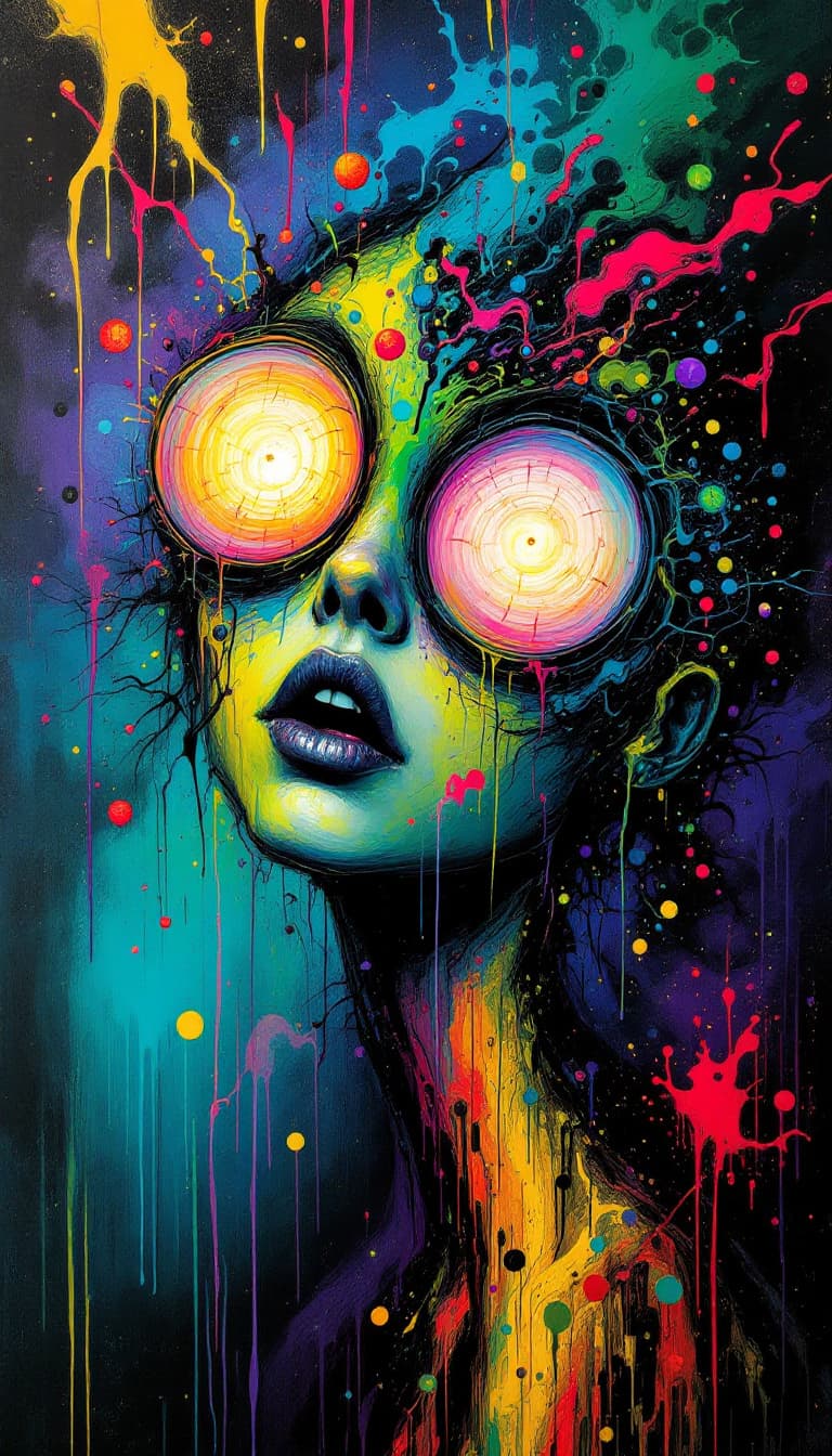 AI generated: Surrealistic painting of a girl's acid trip through a schizophrenic mind. In the style of abstract e...