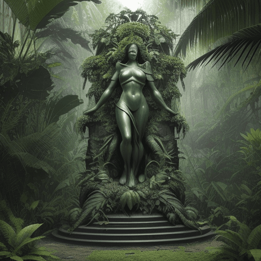 AI generated: monumental sculpture, mythic, cinematic, jungle background with greens , GreenCore, RoyalCore,arl Ze...