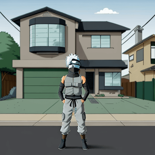 AI generated: A man looking like Kakashi from Naruto depicted in the Simpsons style standing in front of a house