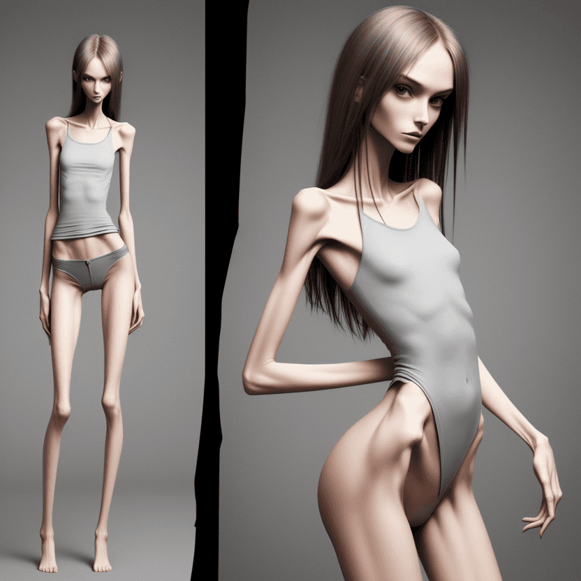 AI generated: extreme beautiful skinny slender (almost anorexic)  girl with skinny slender thighs narrow, 