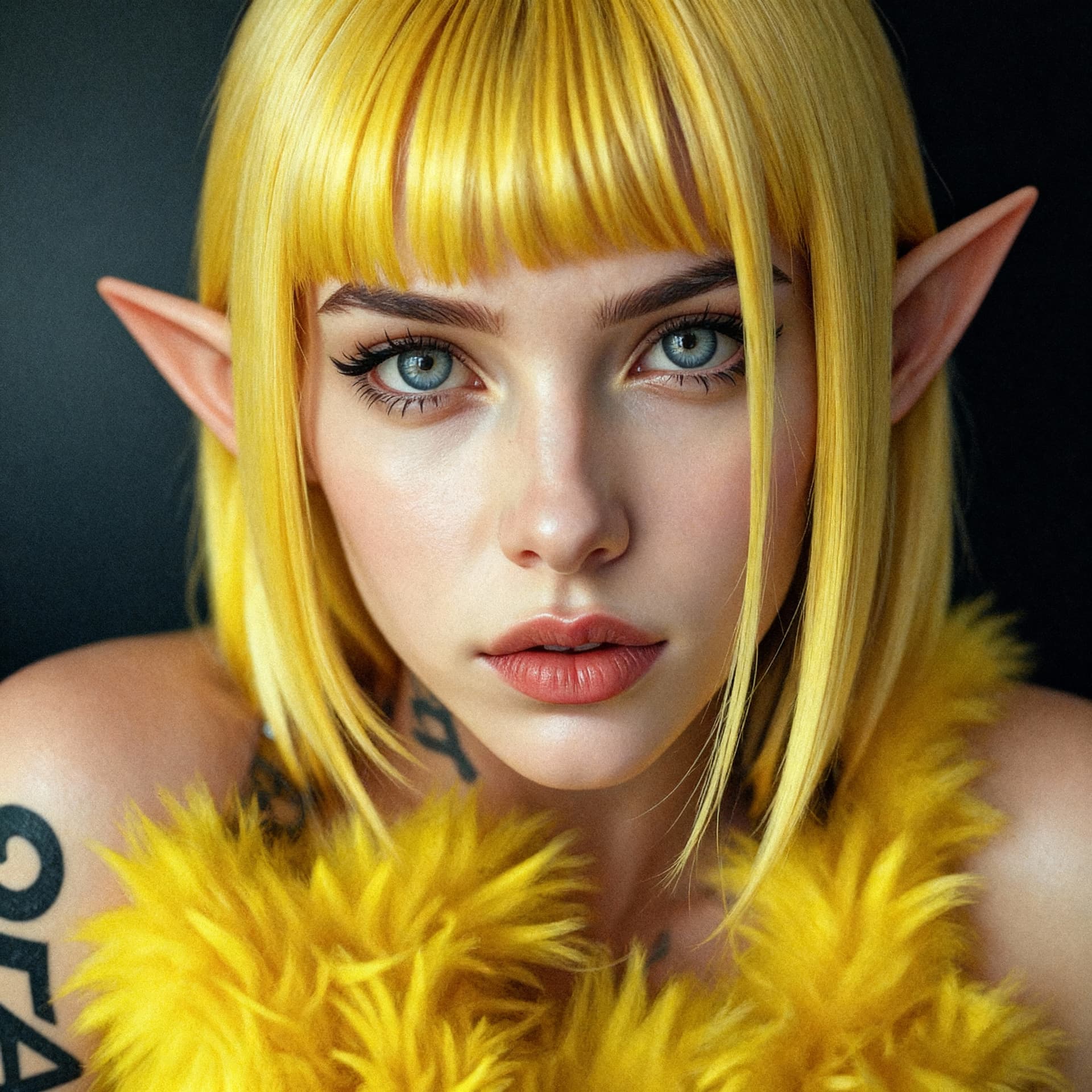 AI generated: (Young female elf:1.3), (fair skin:1.2), blue eyes, yellow hair with bangs, pointed elf ears, (detai...