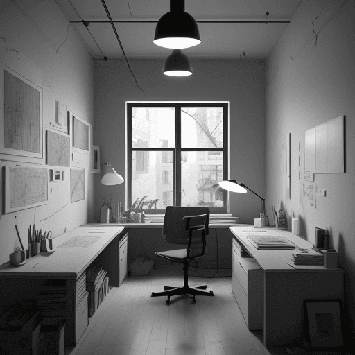 AI generated: Within this architect's space, find a sanctuary of creativity in grayscale. Adorned with sketches, b...