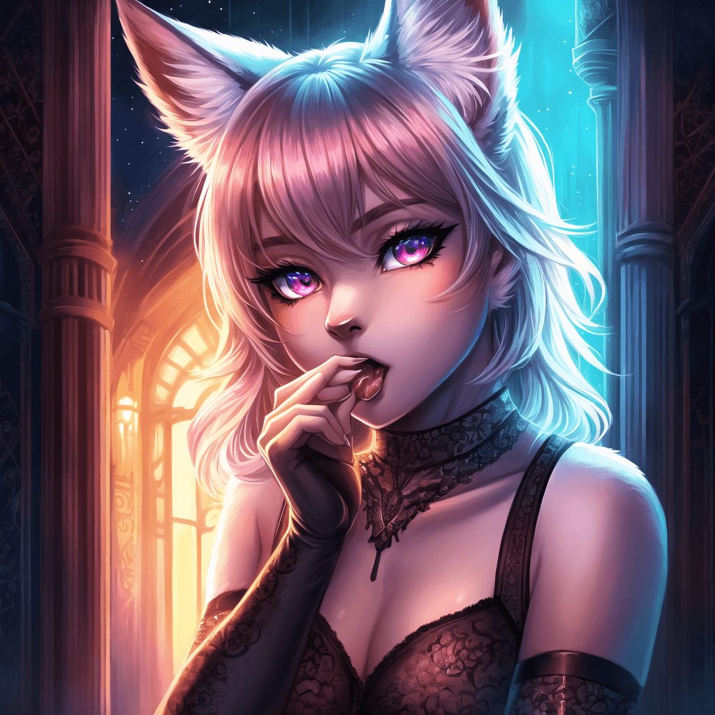 AI generated: Femboy fox in stockings gives a blowjob on the knees of a pumped-up wolf, 2 person, 4k, photorealism...