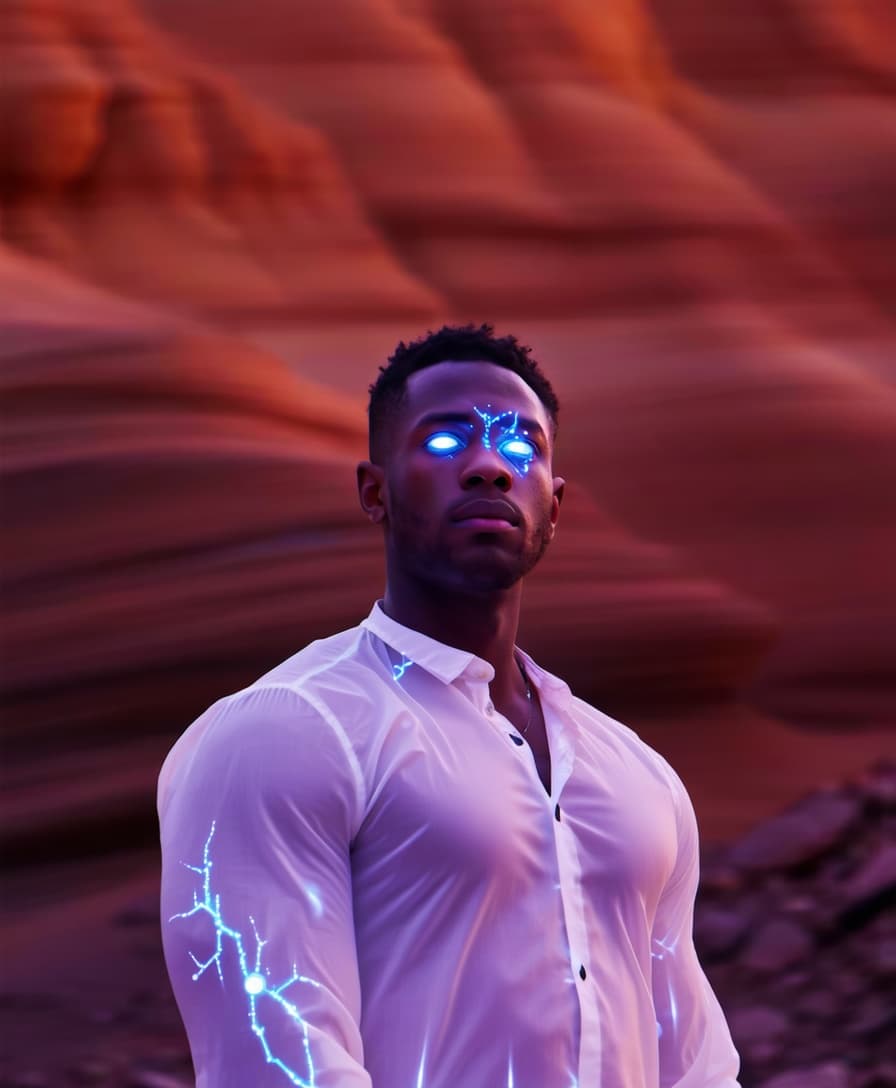 AI generated: An African American male, average height and build, standing calmly amid a fractured cosmic battlefi...