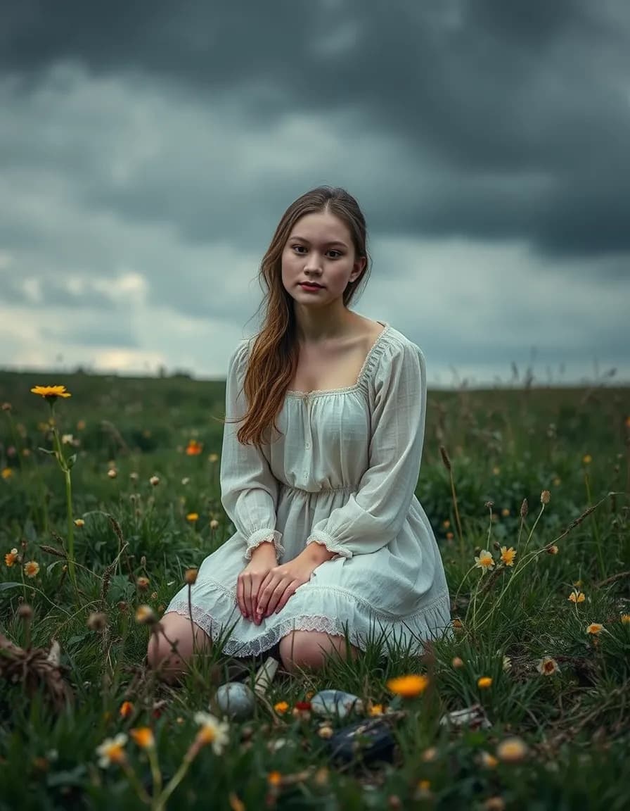 AI generated: Burying the Fairytale:
A young woman kneels in a flower-filled meadow, gently placing small, worn-o...
