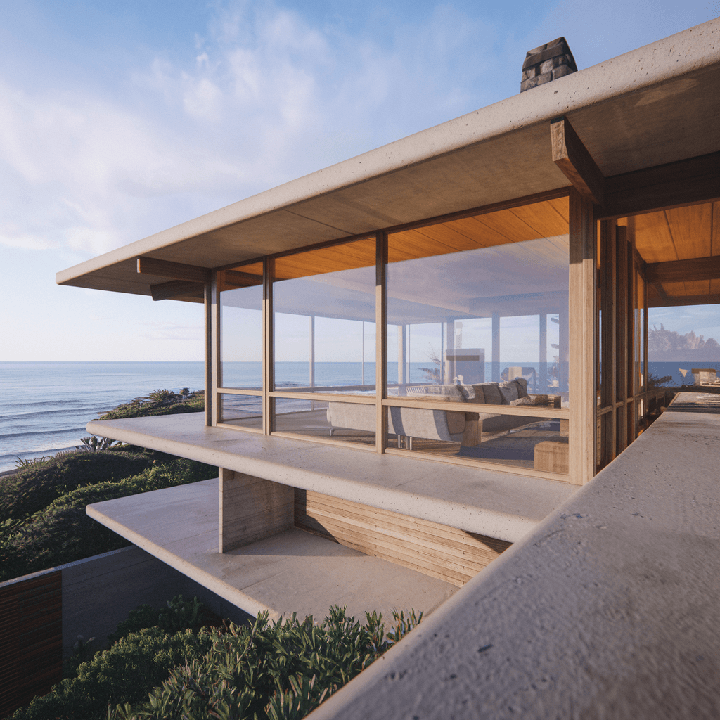 AI generated: Hyper realistic eye level exterior photo of a mid century modern style house overlooking the ocean, ...
