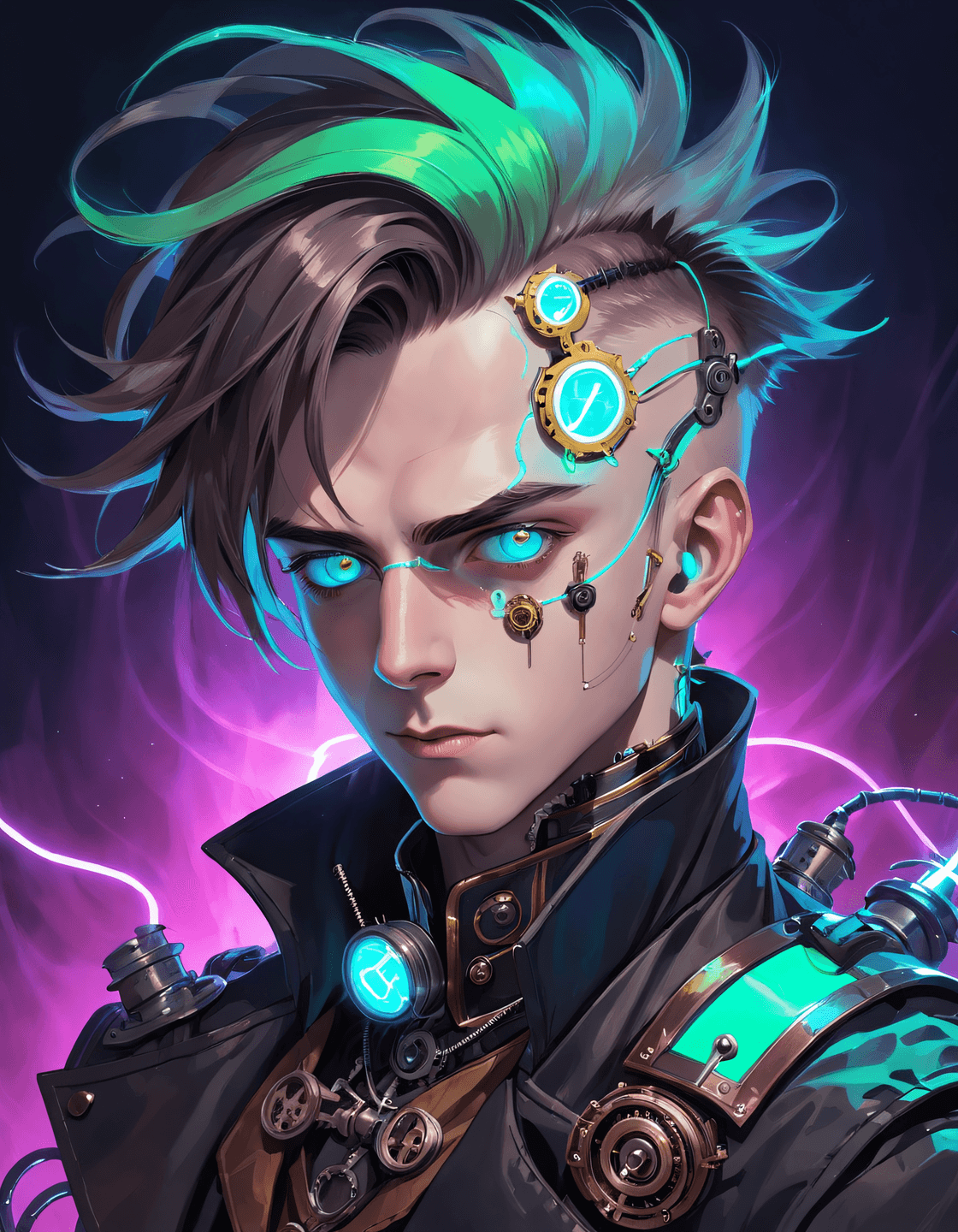 AI generated: Teslapunk portrait A teenage Boy, . Dramatic hairstyle, electrified coils, steampunk and neon vibes