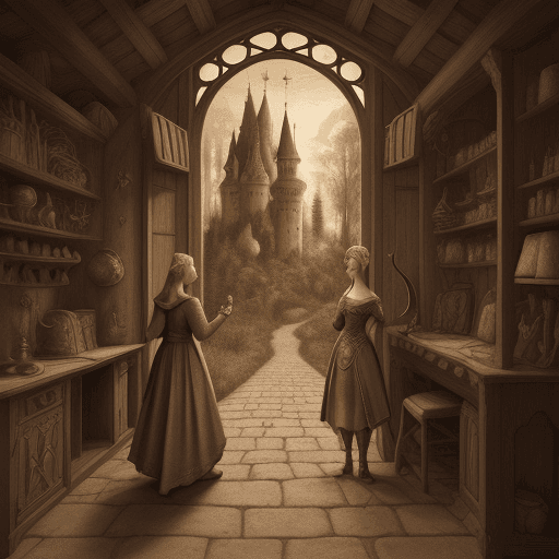 AI generated: a medieval fairy tale design with elements of modern life, sepia mode
