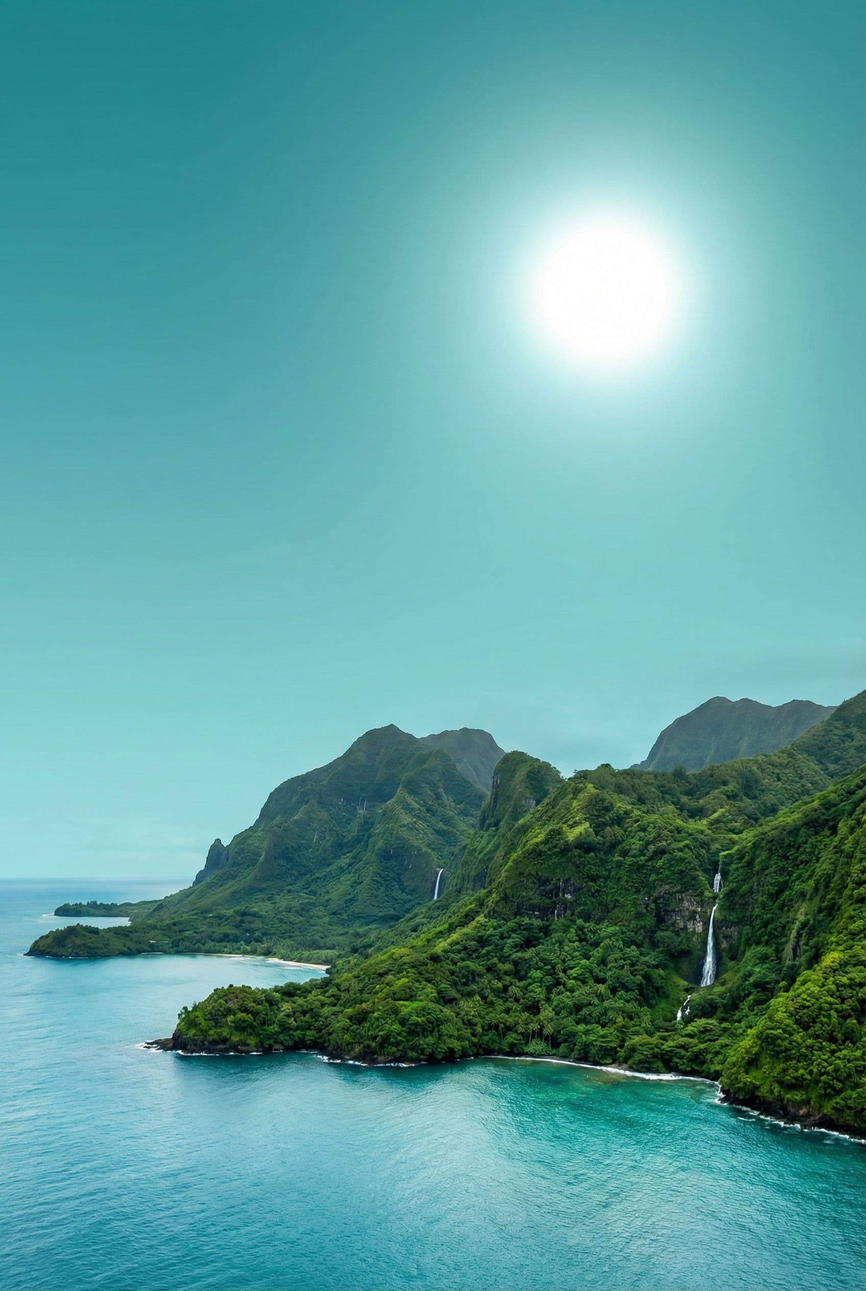 AI generated: a scenic landscape with an ocean and islands with really tall mountains covered in lush green but th...