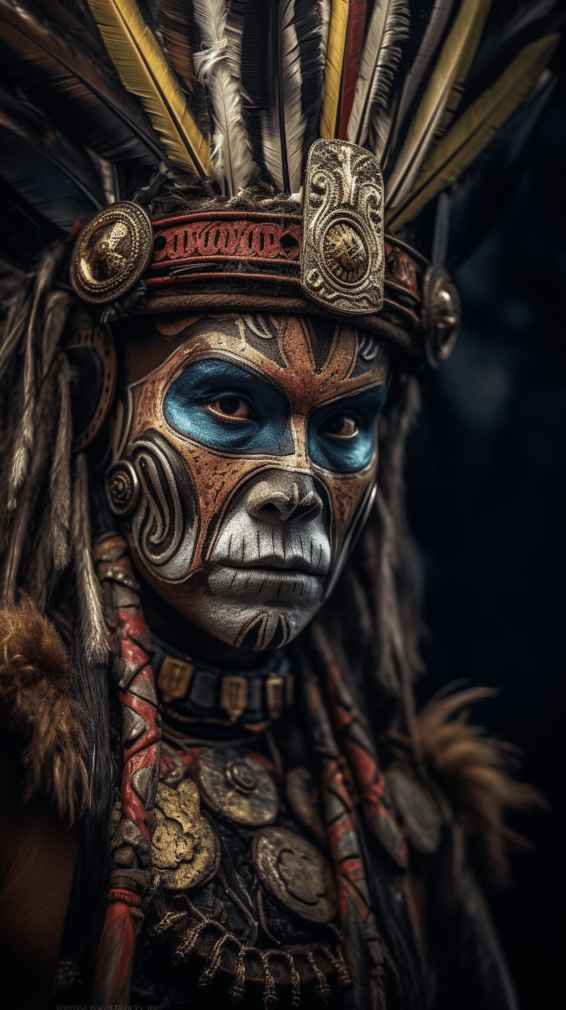 AI generated: Inka warrior with a war make up, medium shot, natural light, Award winning wildlife photography, hyp...