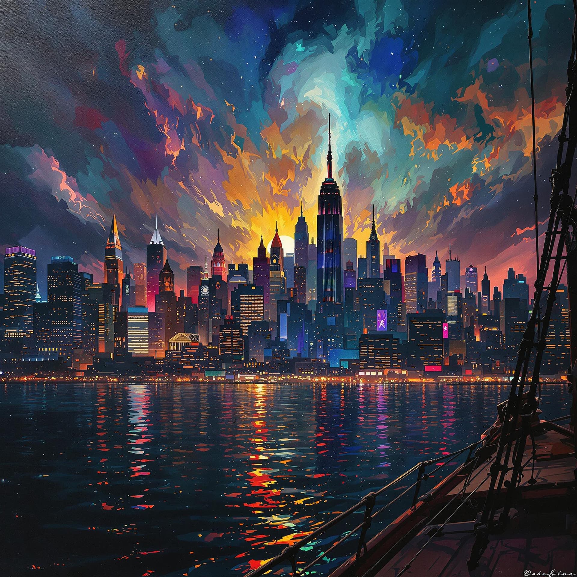 AI generated:  Psychedelic, Surreal. A painting of Manhattan  as seen from a schooner lighting, battered, low angl...