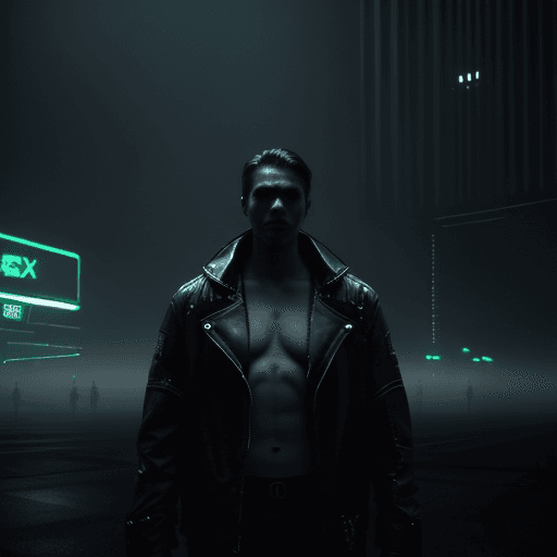 AI generated: cinematic, candid shot, cast in the moody ambiance of darkness with deep fog and neon lights, hyper ...