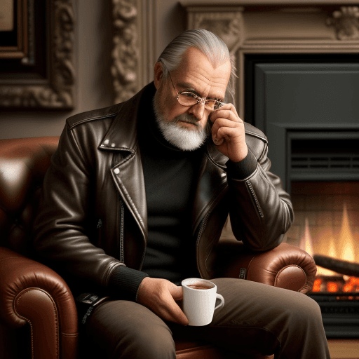 AI generated: kind wise father, wearing a leather jacket, sitting in a chair by the fireplace, in front of the fir...