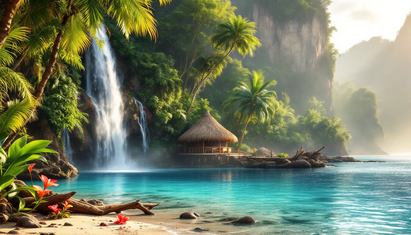 AI generated: depicting a stunning, idyllic paradise lagoon in the Asian South Pacific, reminiscent of the iconic ...