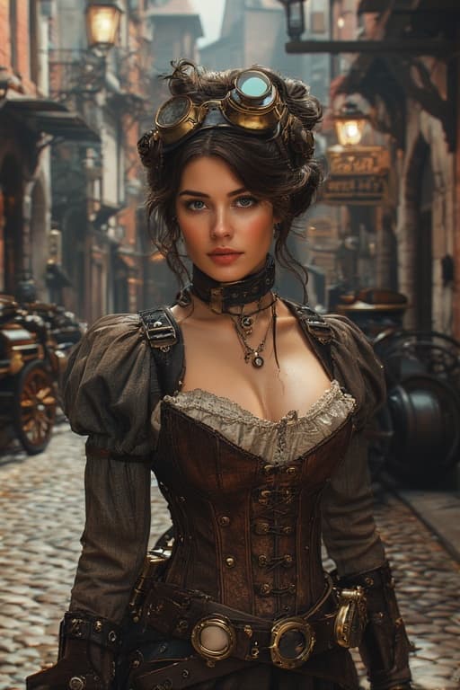 AI generated: steampunk woman, goggles, corset, in a old-world cityscape, steam-powered machines, cobblestone stre...