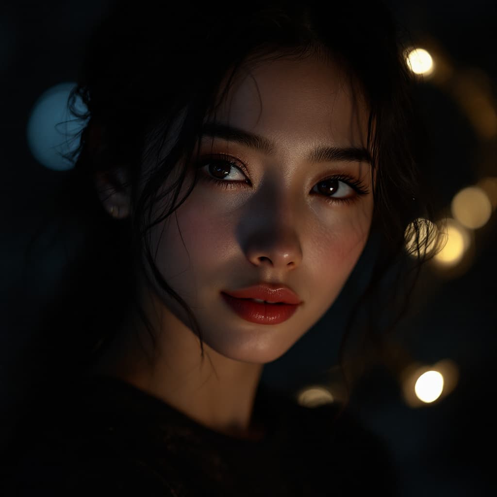 AI generated: raw realistic cinematic potrait of a beatiful young asian women, dark hair, tan skin, beautiful face...