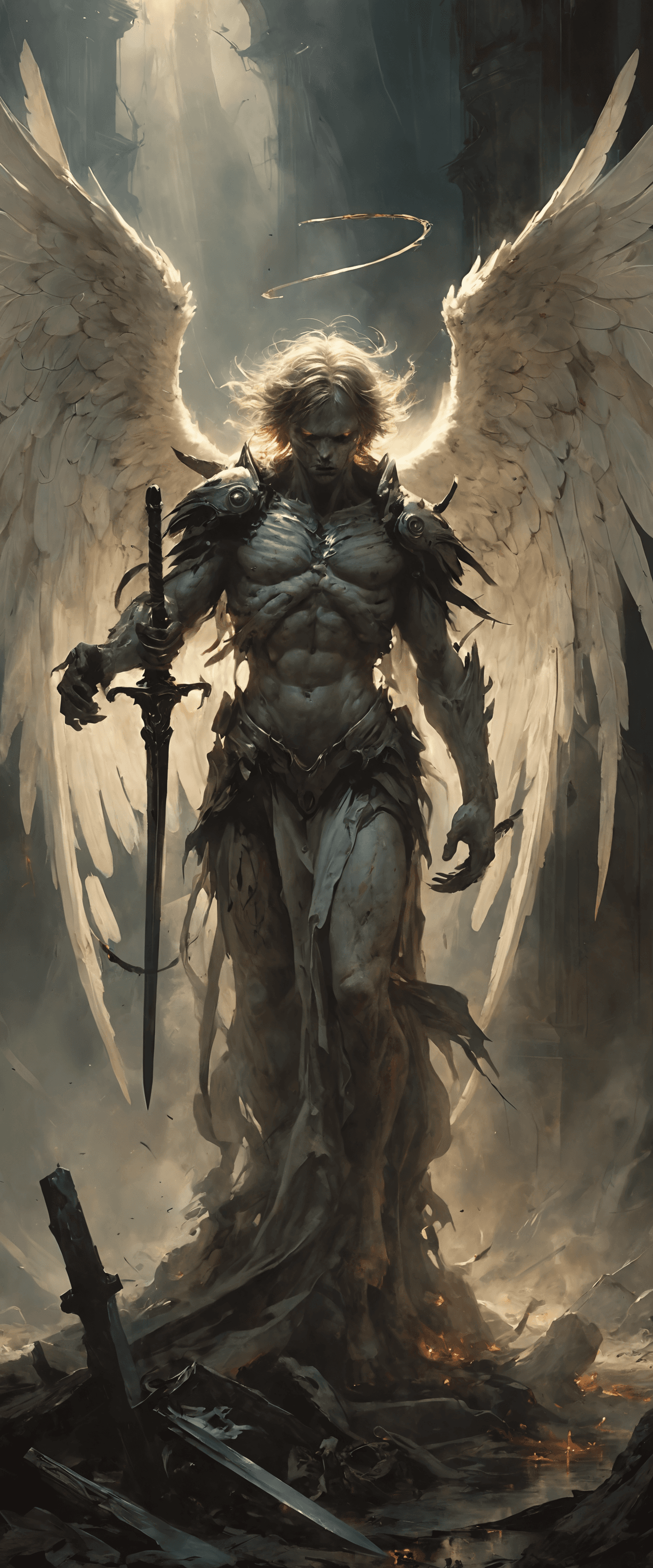 AI generated: A dark and macabre 9 by 21 portrait depicting a side-view of a twisted, abominable angel, wielding a...
