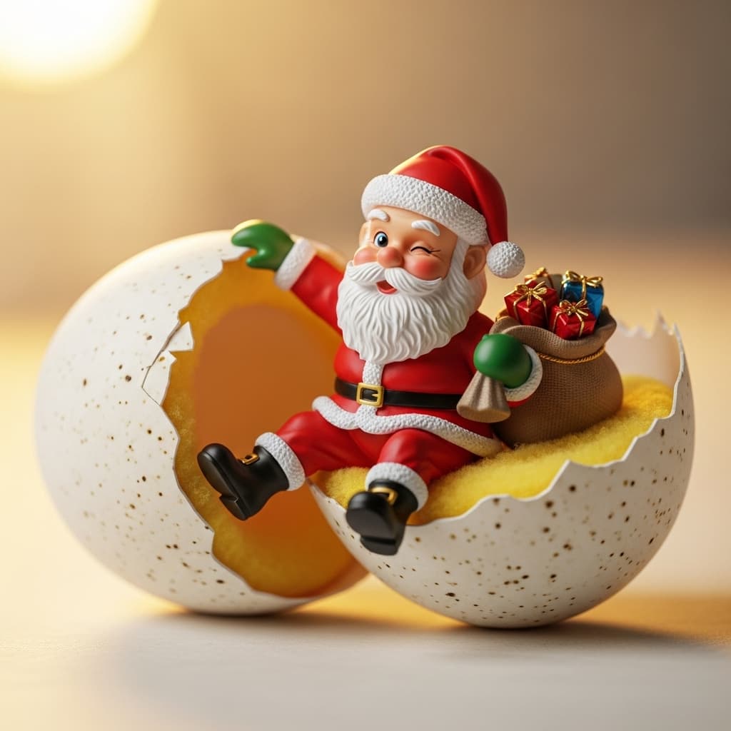 AI generated: An image of a small santa coming out from an egg shell.