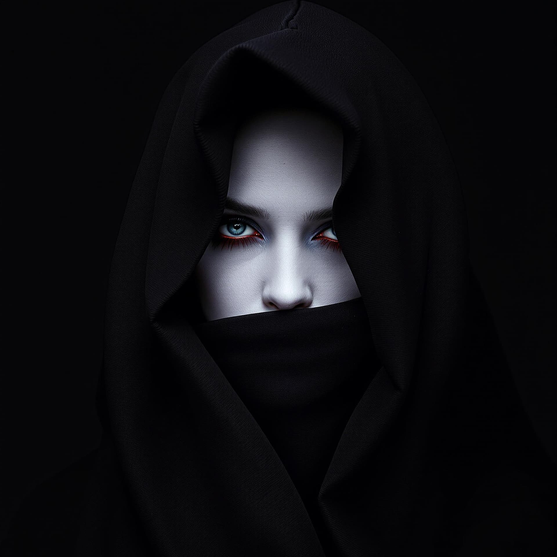 AI generated: A mysterious woman with white porcelain-like makeup, red lipstick, and a black hooded cloak. The bac...