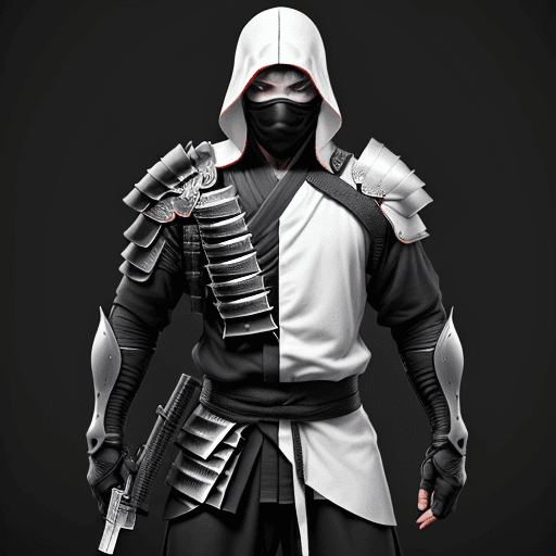 AI generated: Photo of a ultra realistic man, a future ninja in white and black, with a lot of knifes in his armor...