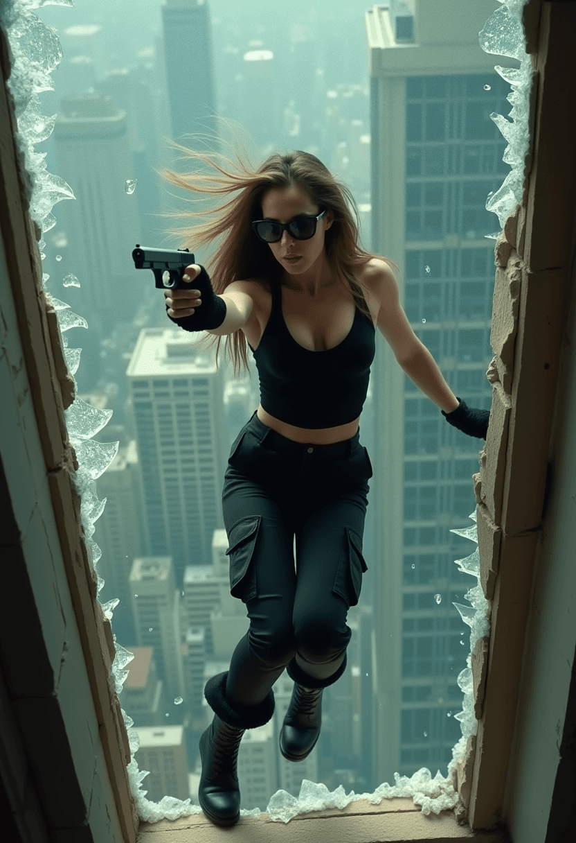 AI generated: cinematic film still of a woman falling from a broken high rise window, long messy brunette hair, we...