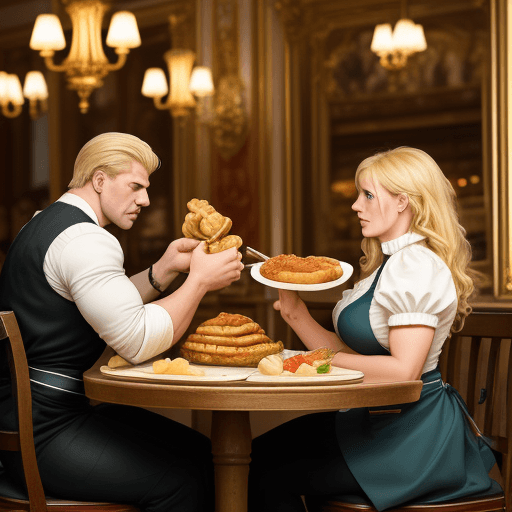AI generated: Photo of a restaurant in Vienna, classical style, Strong man together with blond woman eating a Schn...