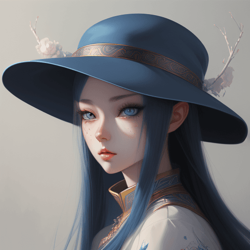 AI generated: a painting of a young girl with blue eyes with magition style hat, a detailed painting by Lü Ji, fea...